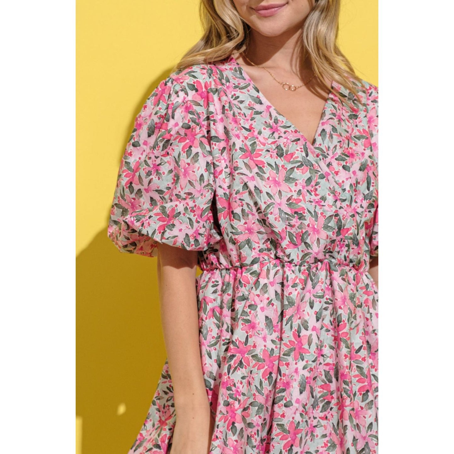 And The Why Full Size Floral Surplice Puff Sleeve Dress