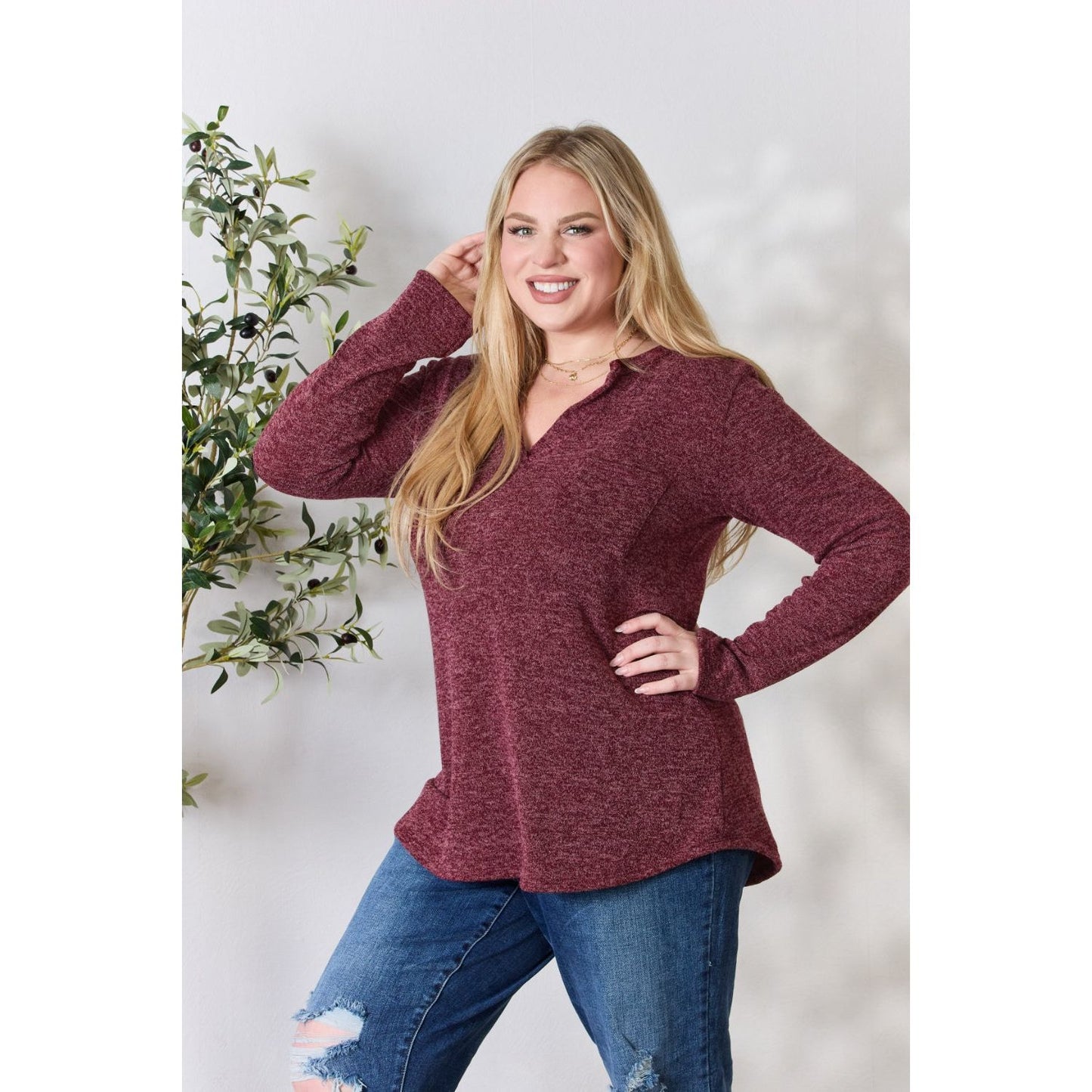 Heimish Full Size Notched Long Sleeve Top