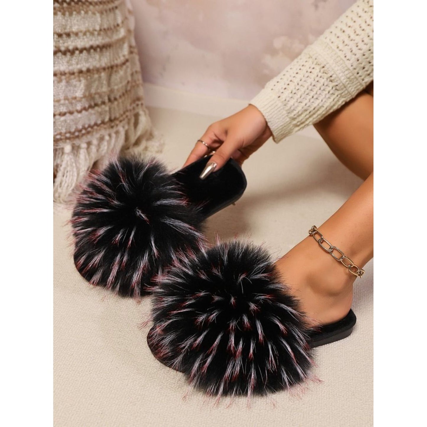 Fuzzy Open Toe Flat Sandals