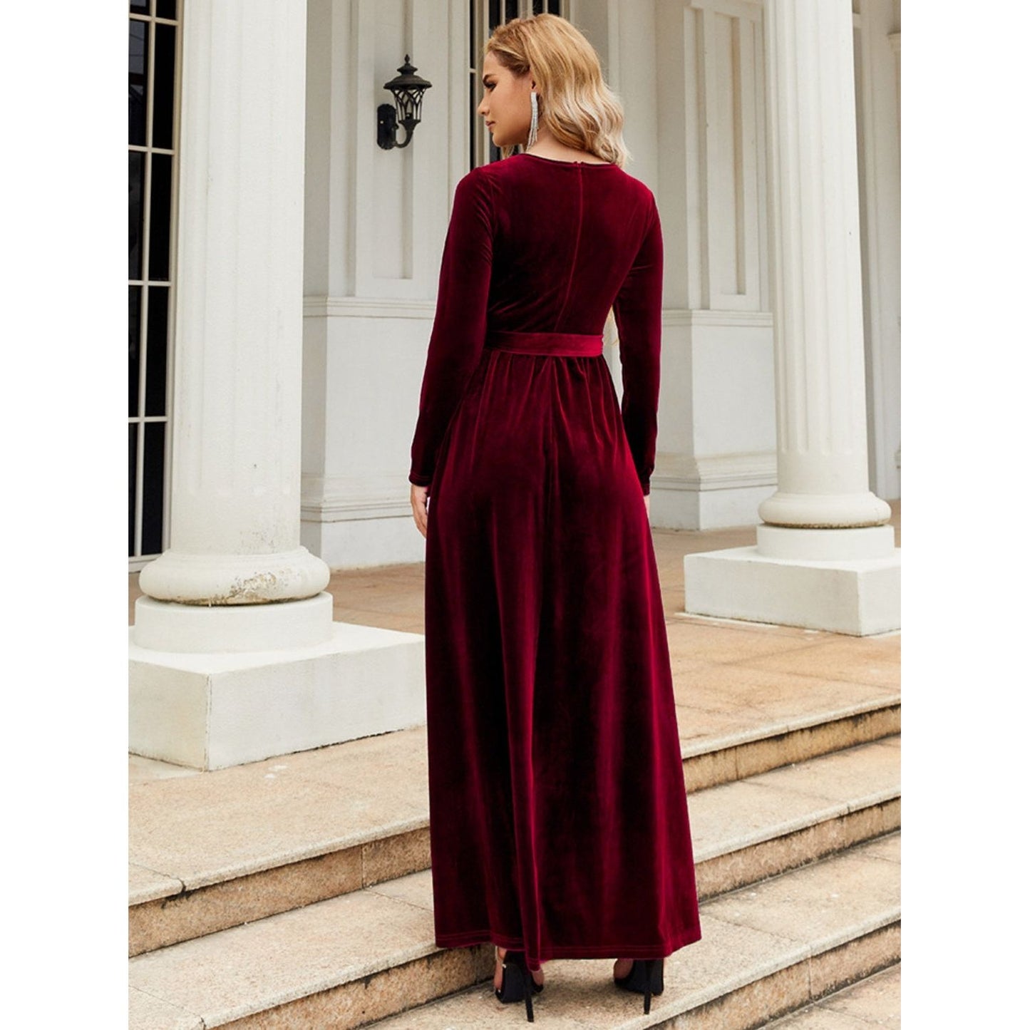 Tie Front Round Neck Long Sleeve Maxi Dress