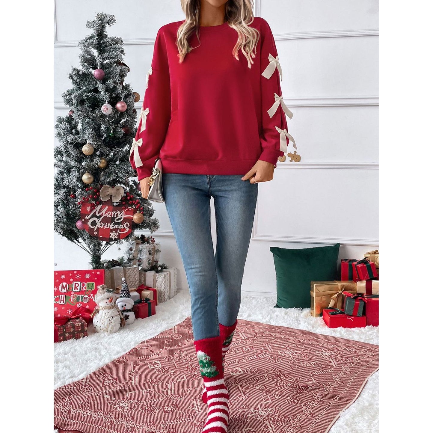 Perfee Bow Round Neck Long Sleeve Sweatshirt