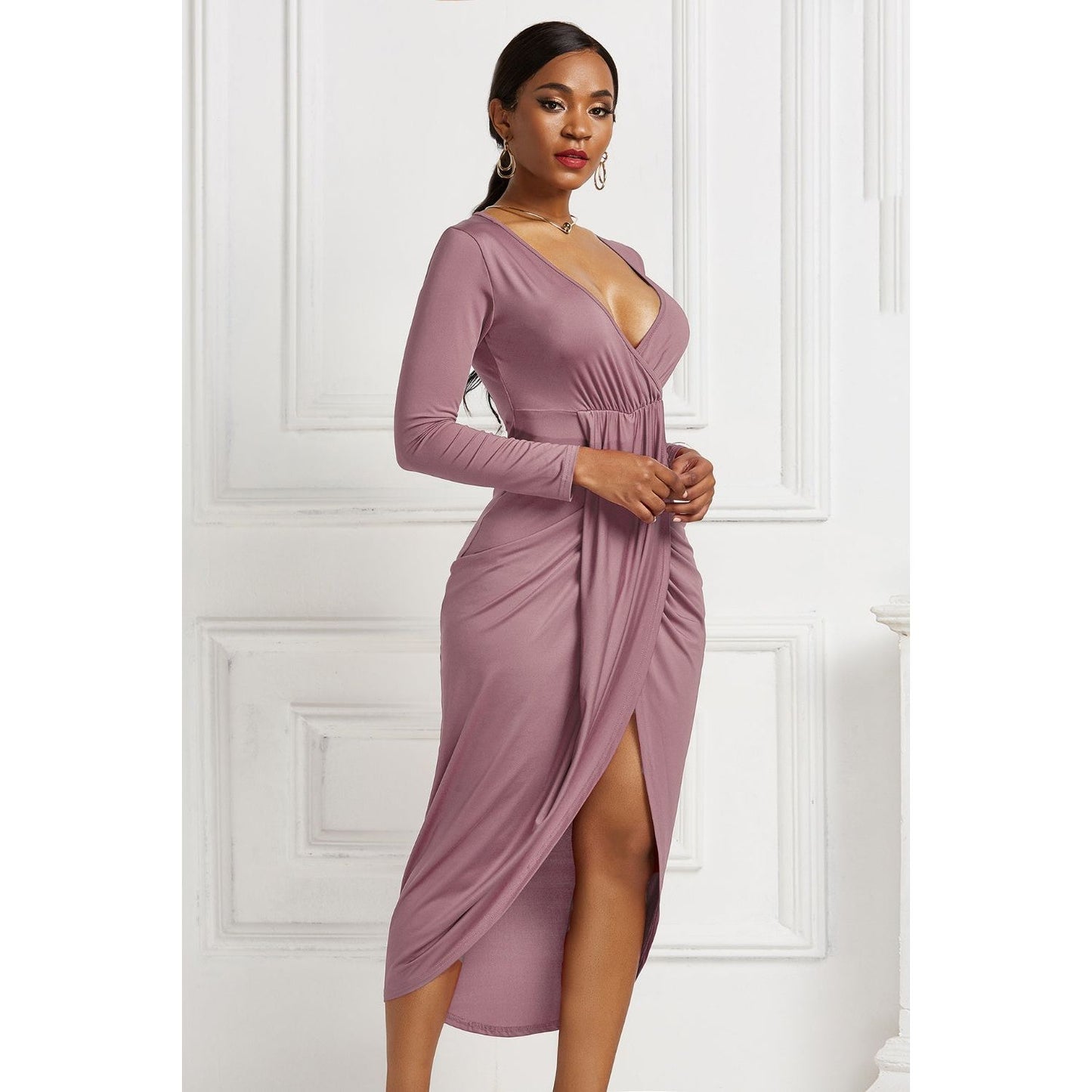 High-low Ruched Surplice Long Sleeve Dress