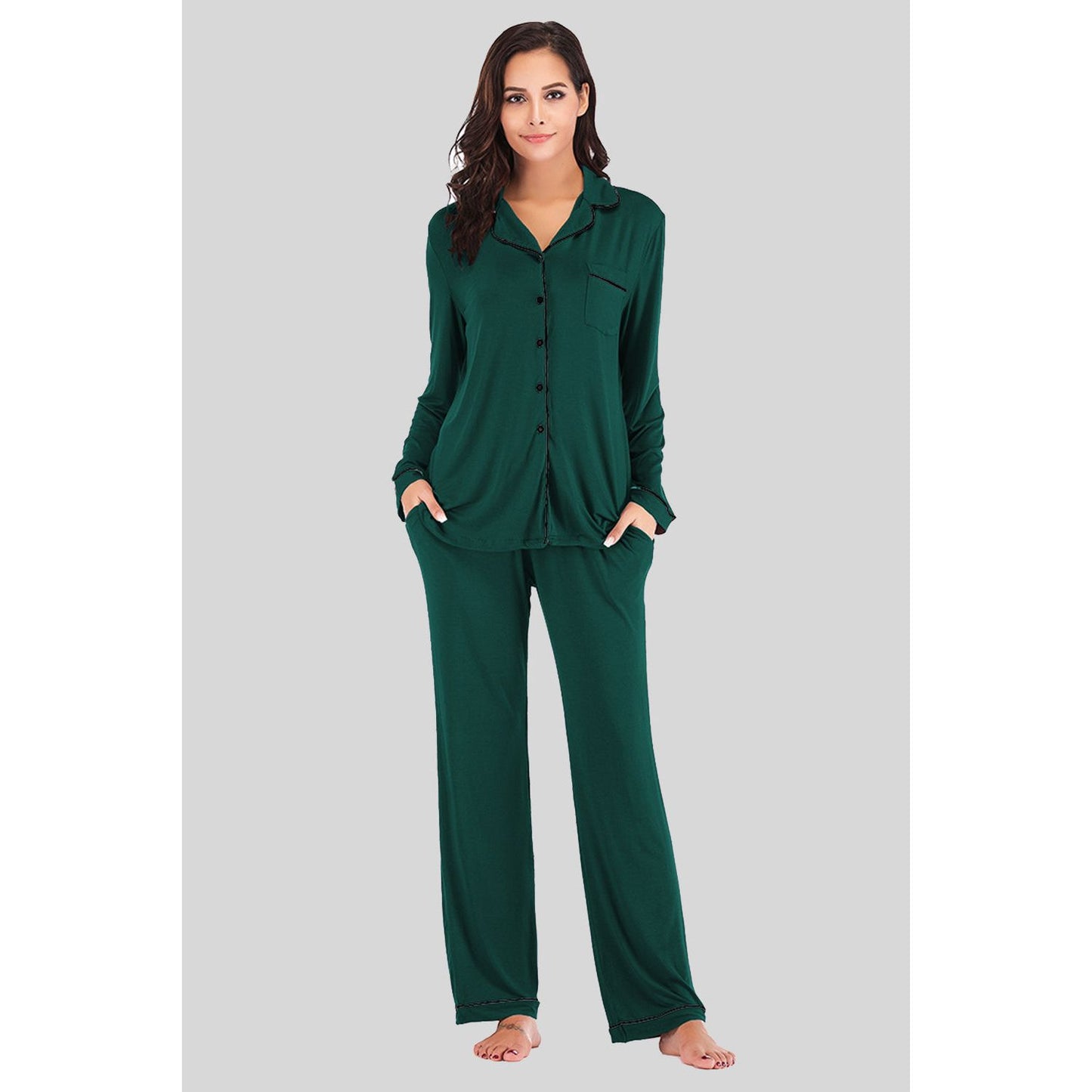 Collared Neck Long Sleeve Loungewear Set with Pockets