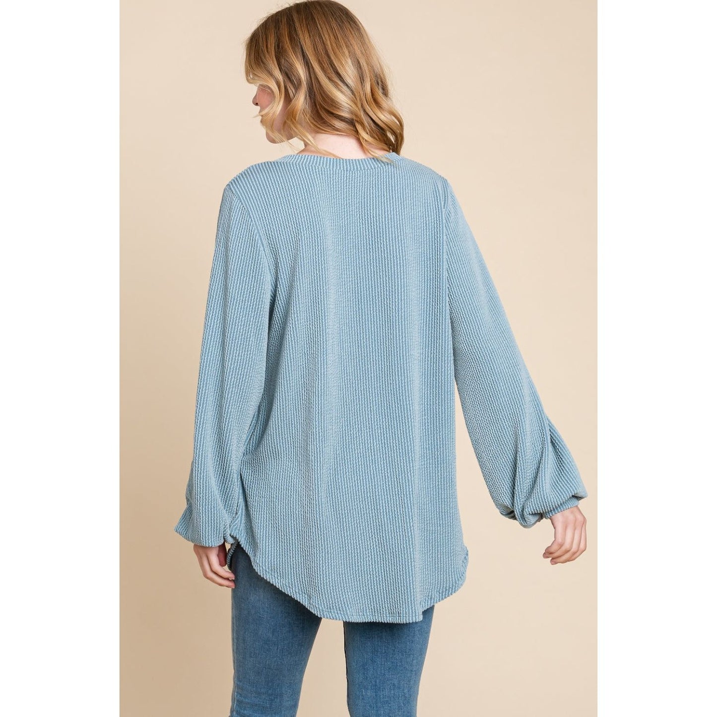 BOMBOM Long Sleeve Curved Hem Ribbed T-Shirt