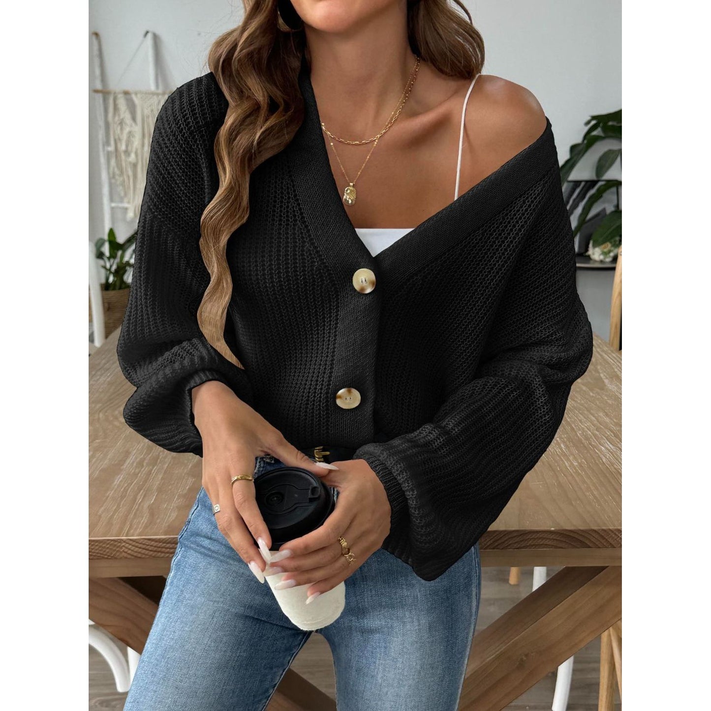 V-Neck Button Up Long Sleeve Cardigan