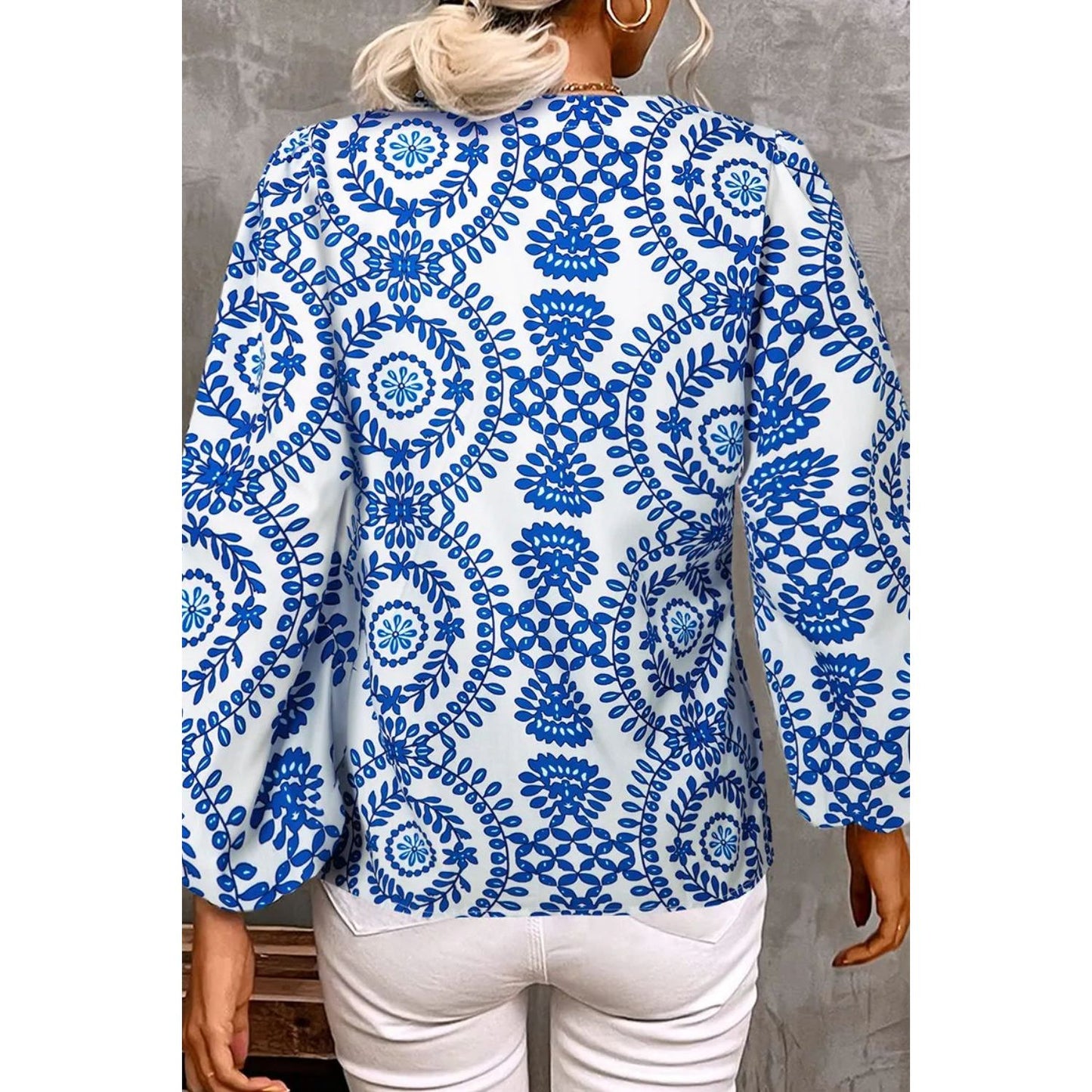 Printed Notched Long Sleeve Blouse