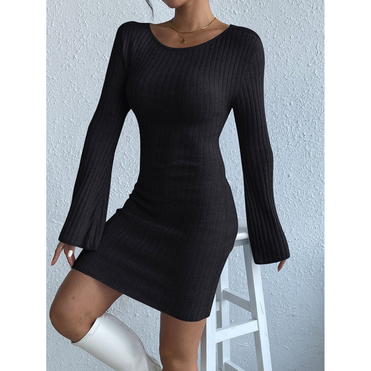 Backless Round Neck Long Sleeve Sweater Dress