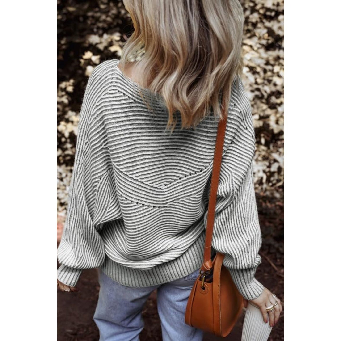 Textured Striped Round Neck Long Sleeve Top