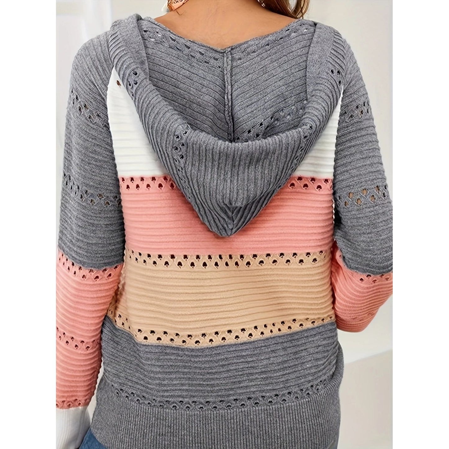 Lace-Up Contrast Long Sleeve Hooded Sweater