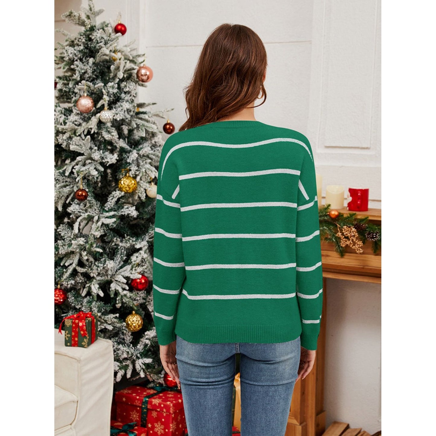 Sequin Santa Striped Round Neck Long Sleeve Sweater