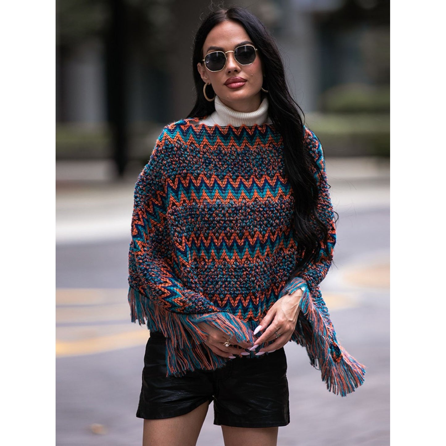 Shiny Fringe Hem Boat Neck Poncho