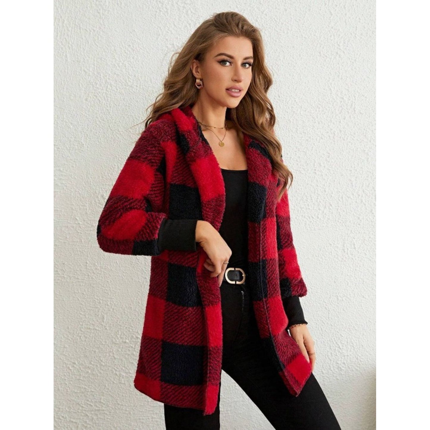 Plaid Long Sleeve Hooded Coat