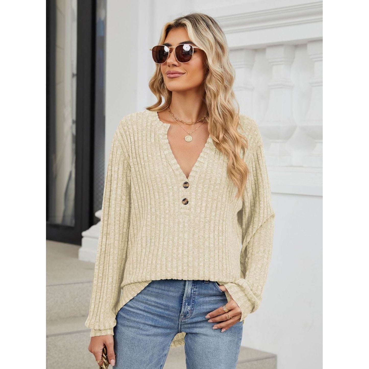 Ribbed Notched Long Sleeve T-Shirt