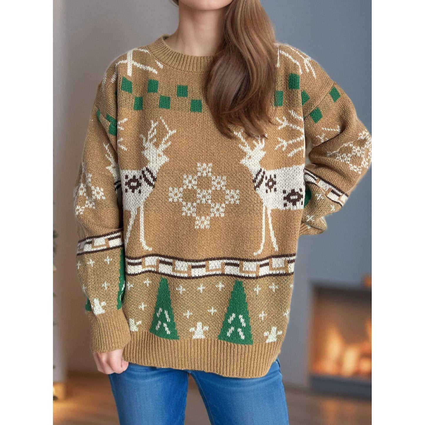 Christmas Element Round Neck Long Sleeve Sweater