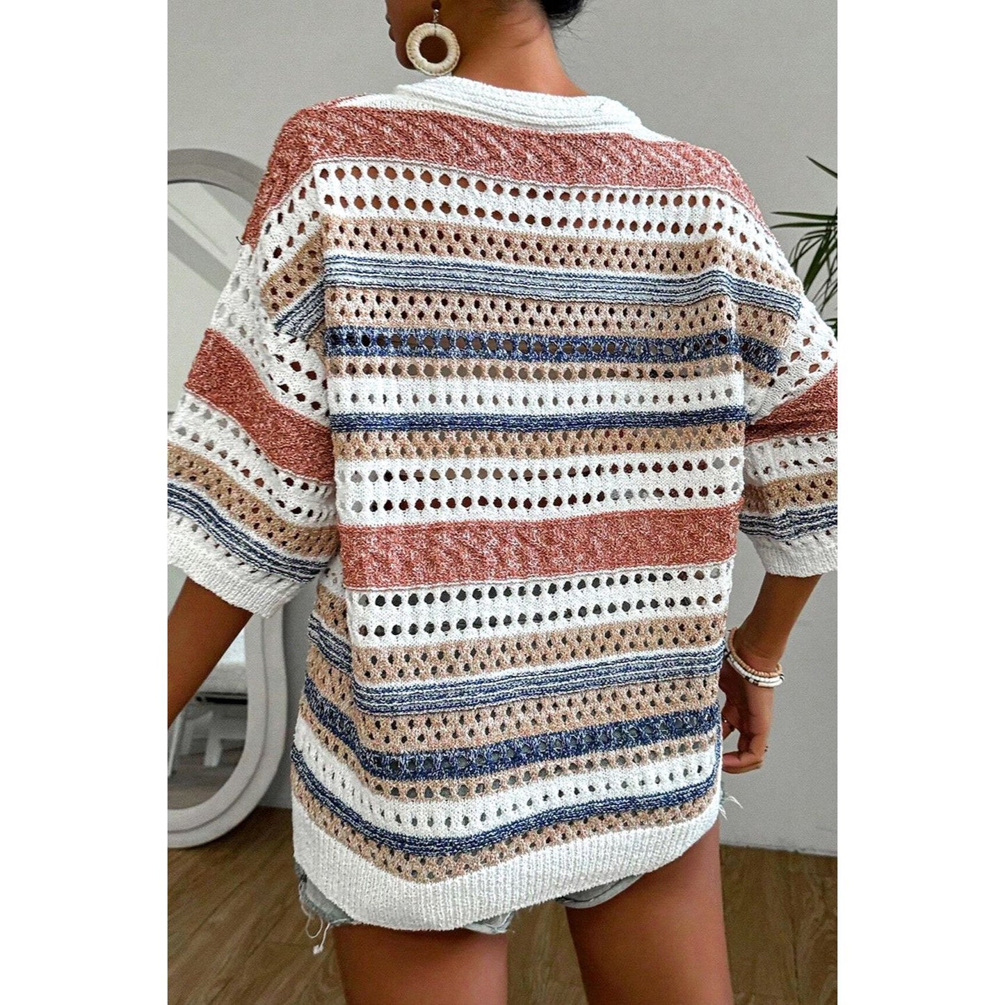 Openwork V-Neck Half Sleeve Knit Top