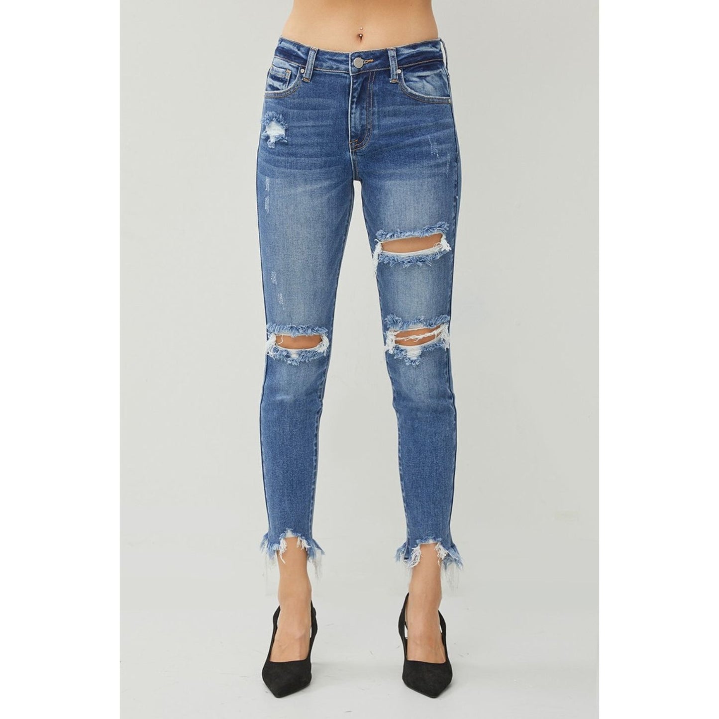 RISEN Distressed Frayed Hem Slim Jeans