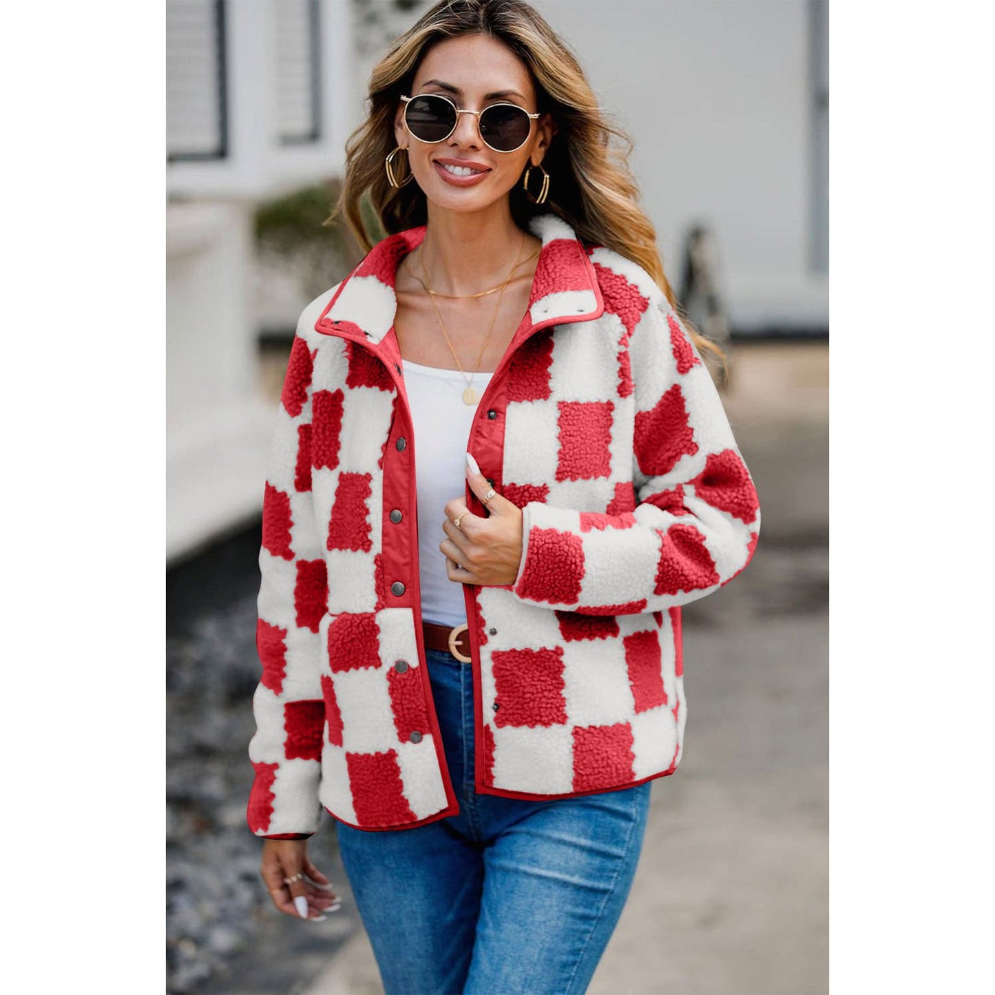 Checkered Snap Down Long Sleeve Teddy Jacket