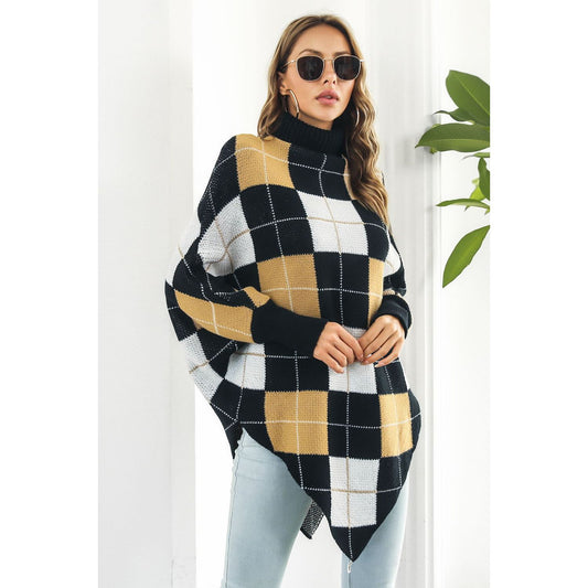 Plaid Turtleneck Dolman Sleeve Poncho