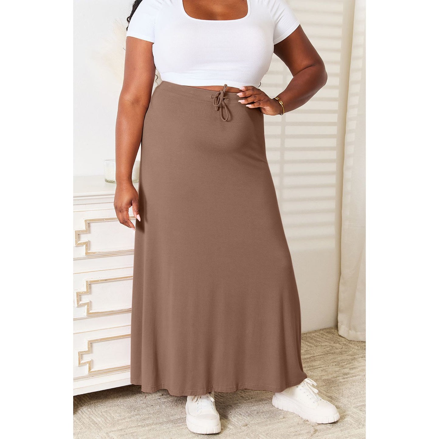 Double Take Full Size Soft Rayon Drawstring Waist Maxi Skirt