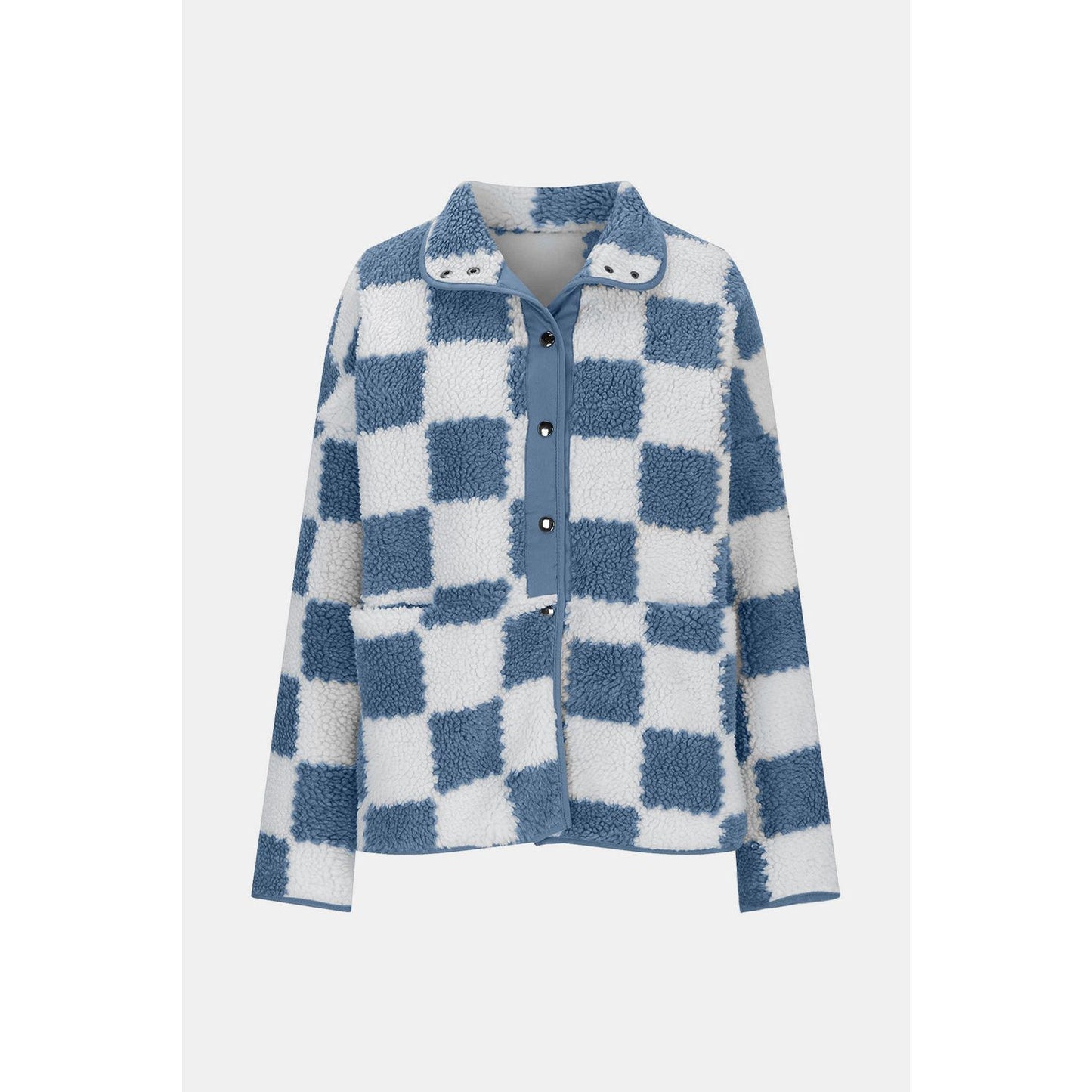 Checkered Snap Down Long Sleeve Teddy Jacket