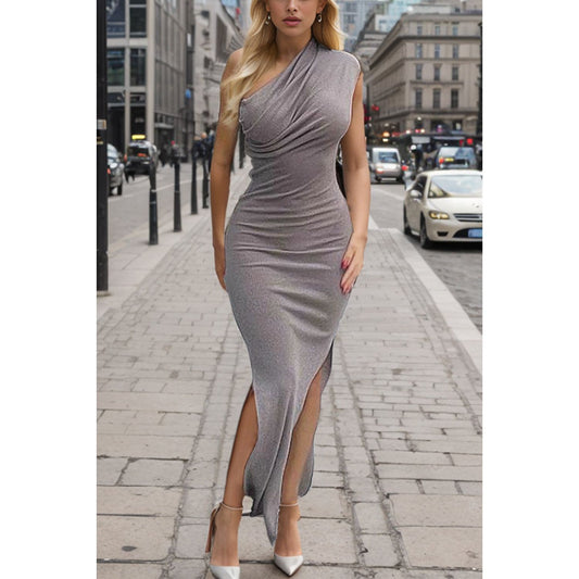 Ribbed Slit Single Shoulder Wrap Dress