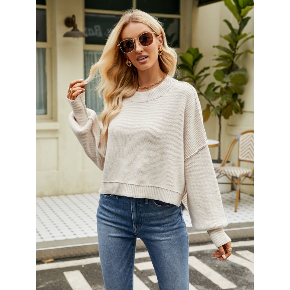 Round Neck Lantern Sleeve Sweater