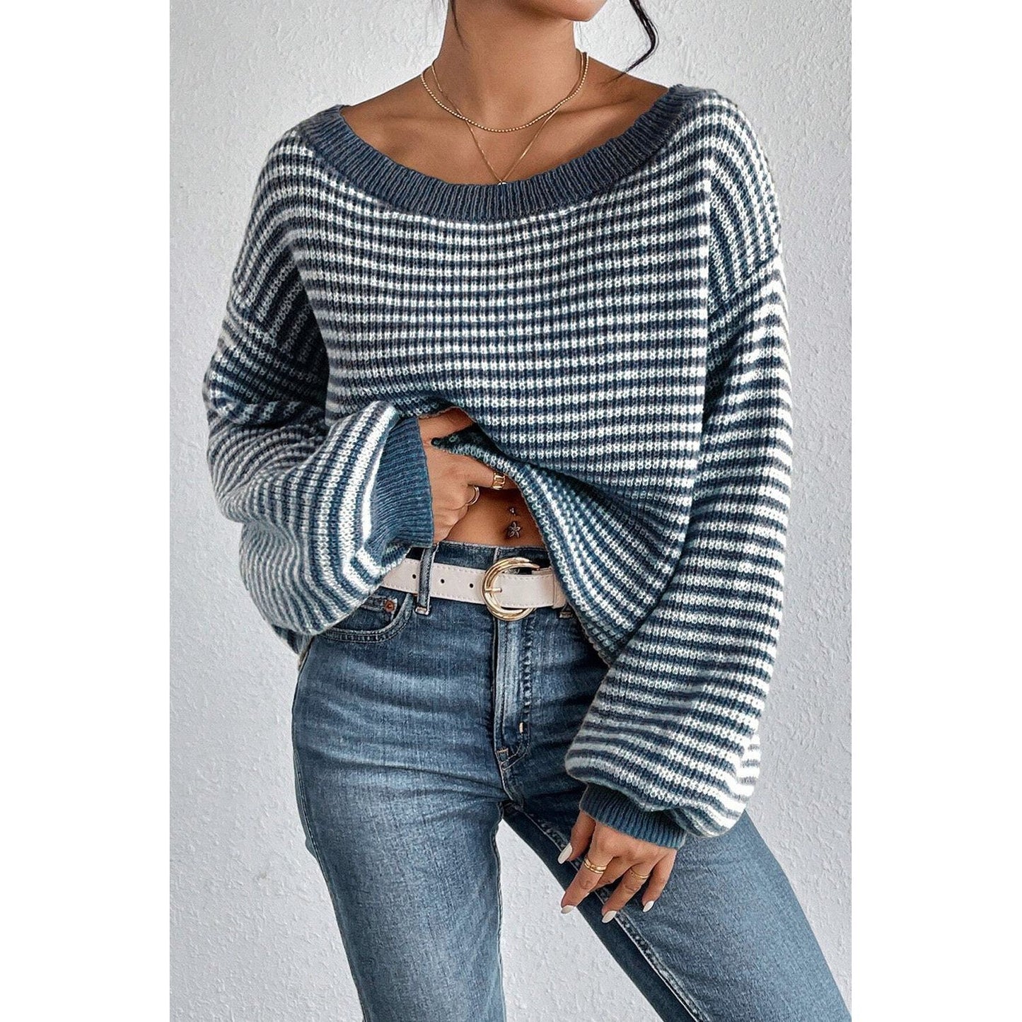 Striped Boat Neck Long Sleeve Sweater