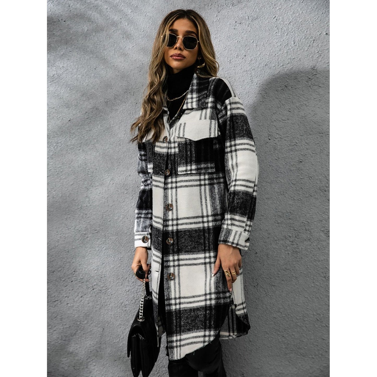 Plaid Collared Neck Long Sleeve Coat