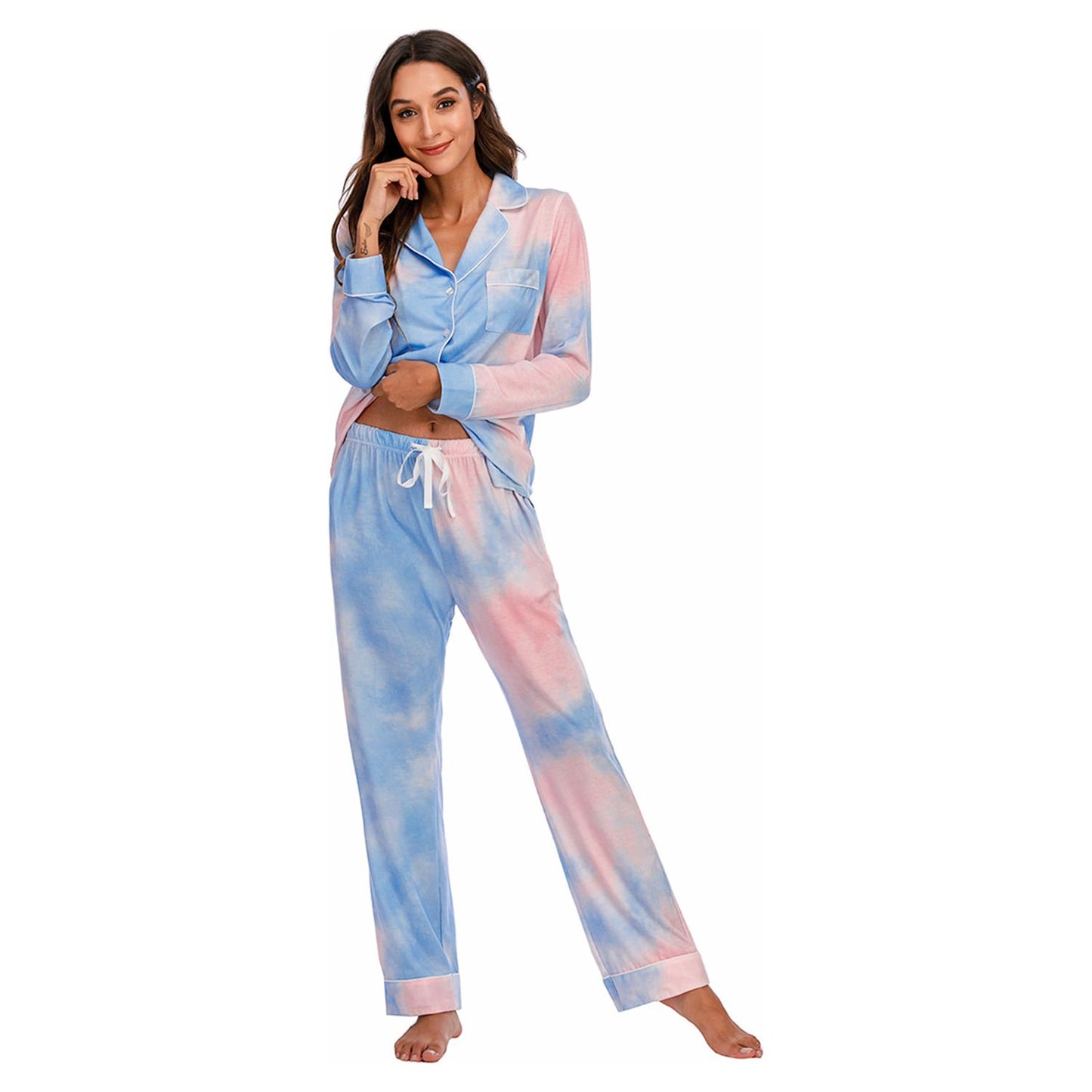 Collared Neck Long Sleeve Loungewear Set with Pockets