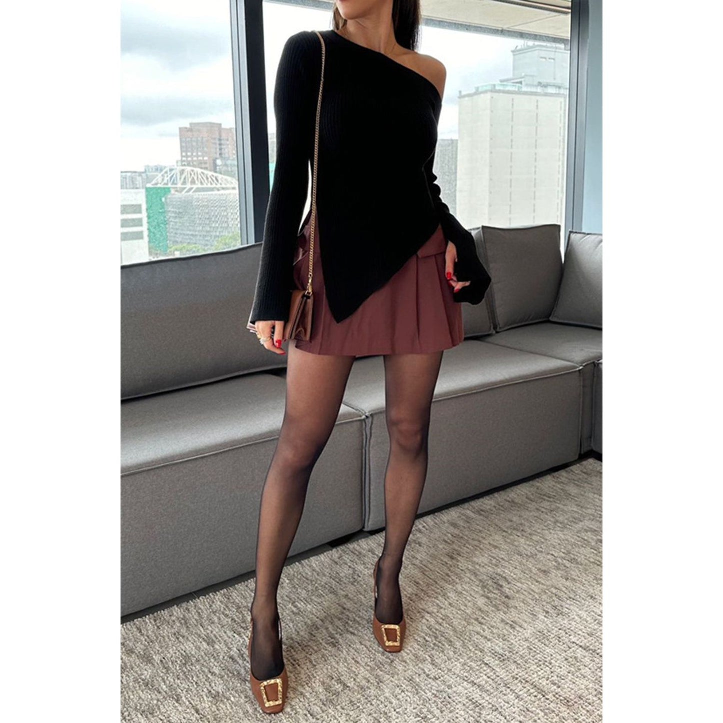 Asymmetric Hem Single Shoulder Sweater