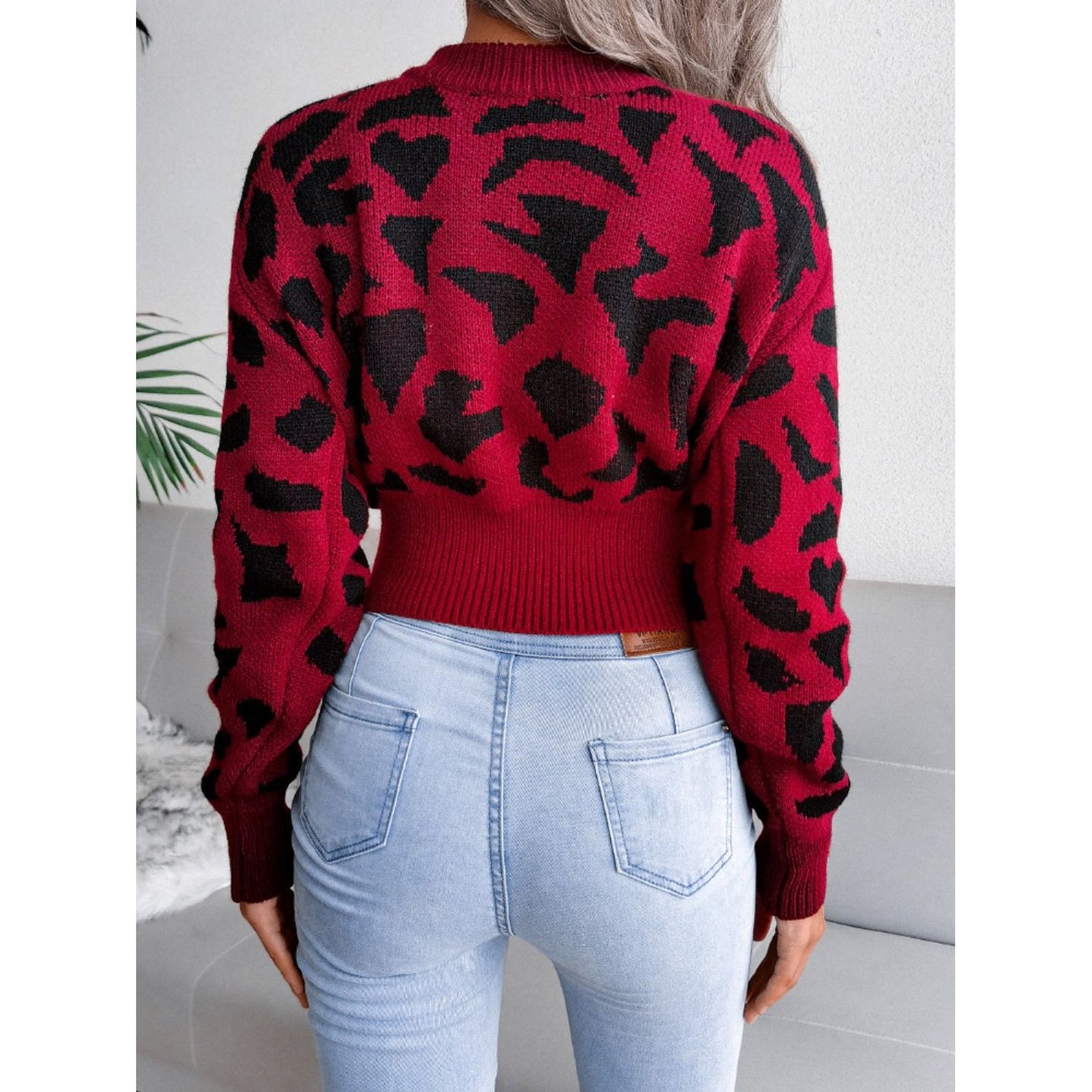 Leopard Round Neck Dropped Shoulder Sweater