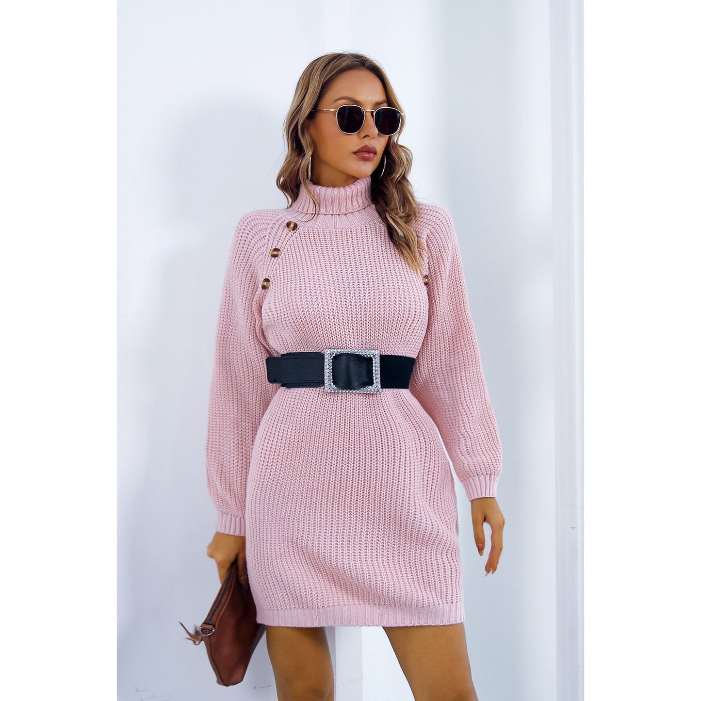 Buttoned Turtleneck Long Sleeve Sweater Dress