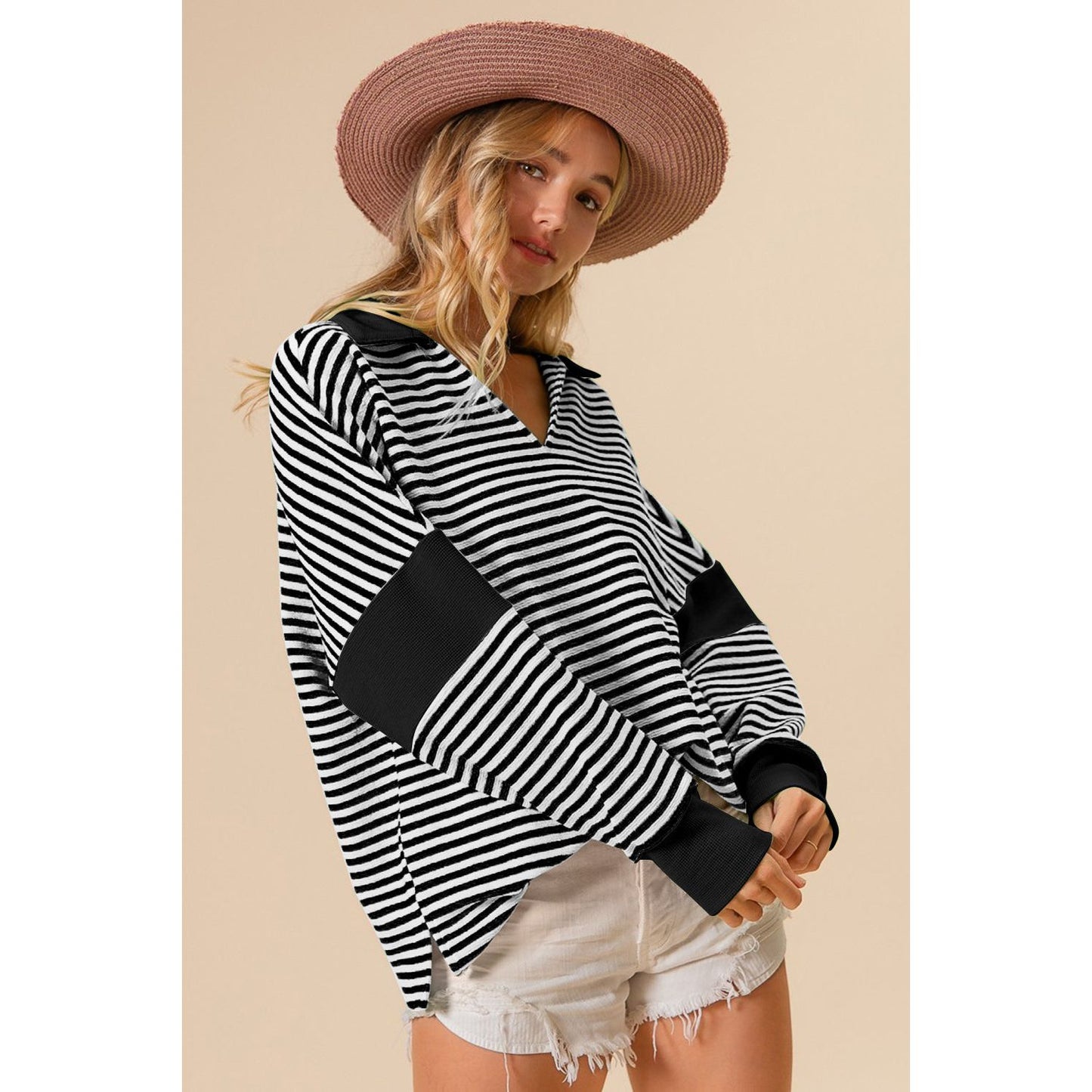 BiBi Striped Contrast Long Sleeve Knit Top