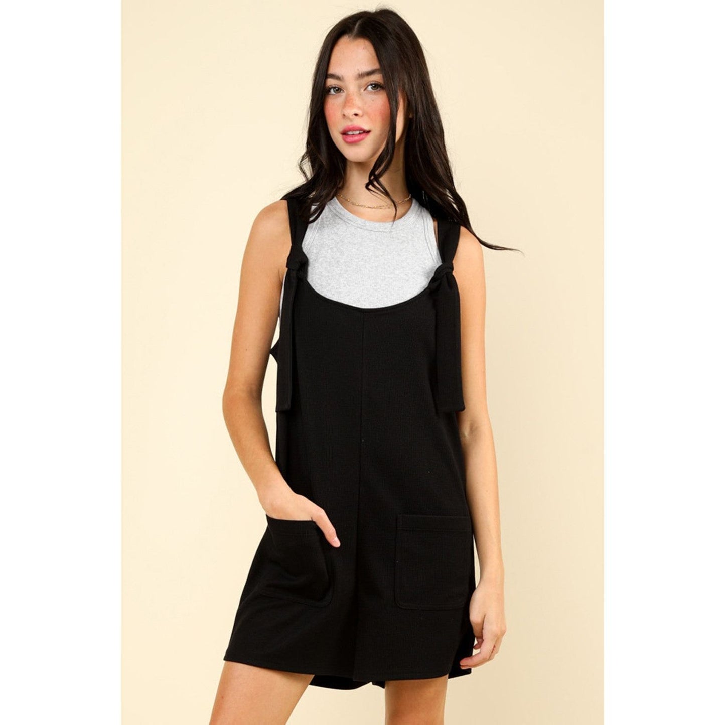 VERY J Tie Shoulder Front Pocket Romper