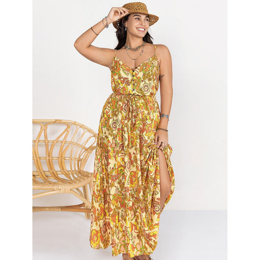 Plus Size Printed V-Neck Maxi Cami Dress