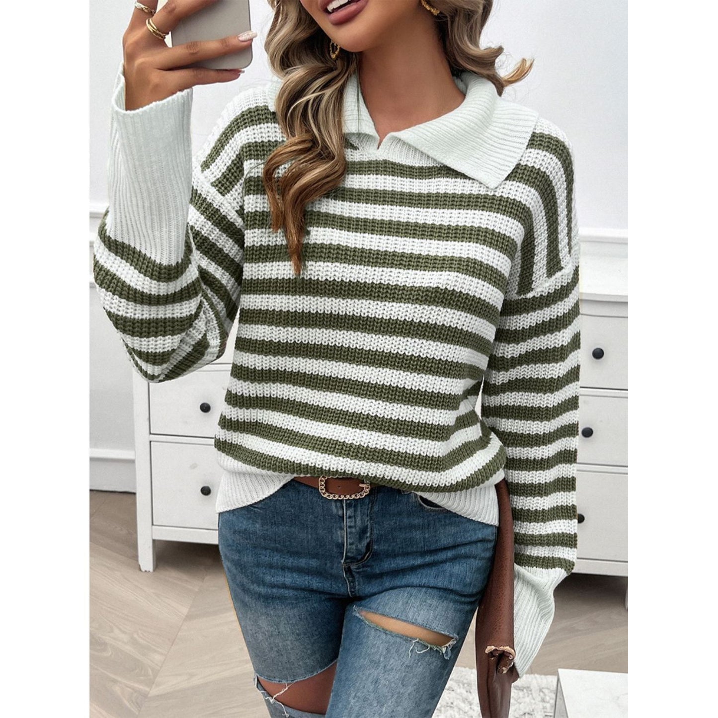 Devine Striped Collared Neck Long Sleeve Sweater