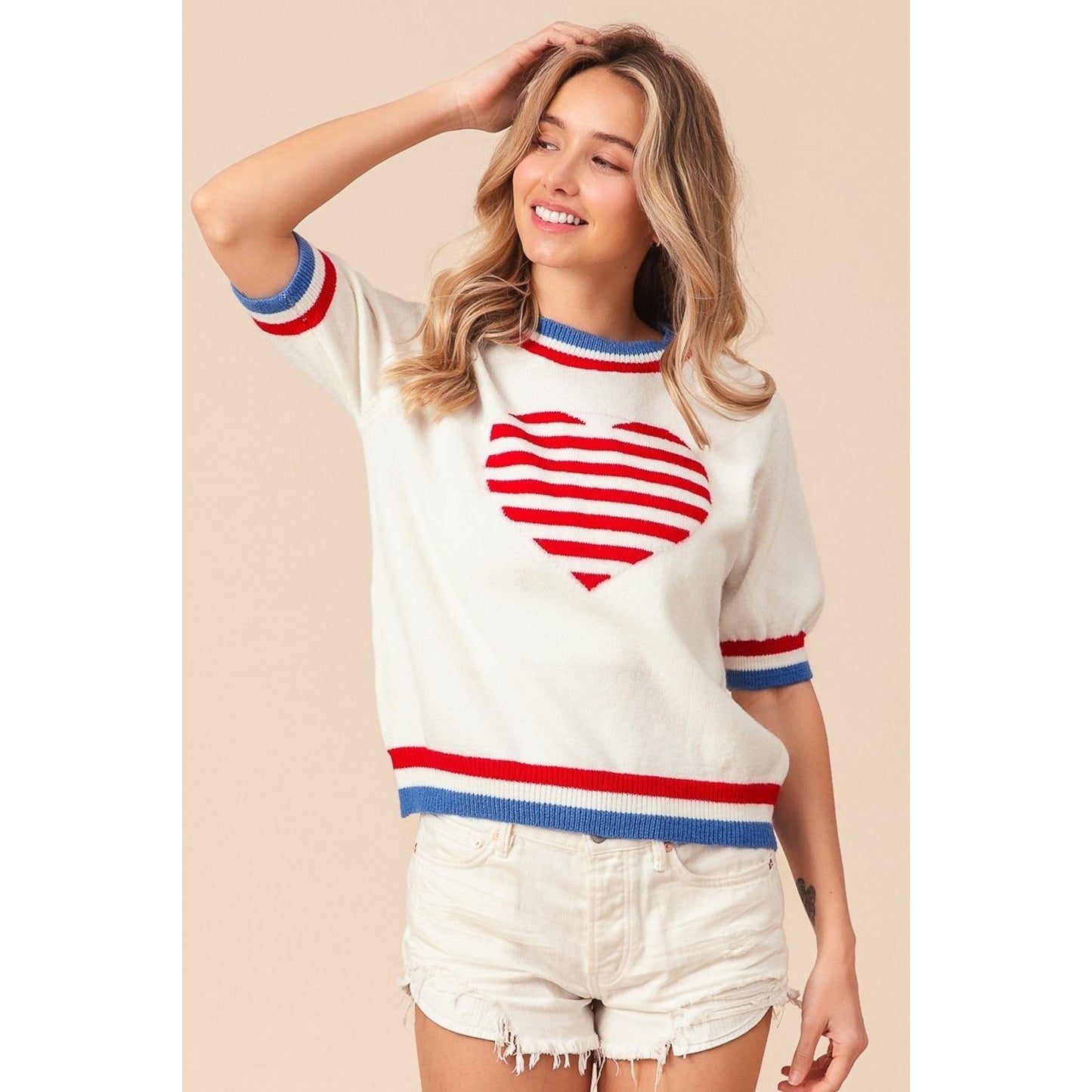 BiBi US Flag Theme Striped Heart Sweater