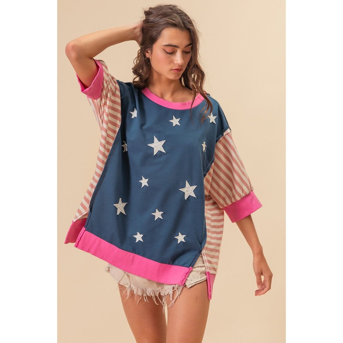 BiBi US Flag Theme Color Block Star Patch T-Shirt