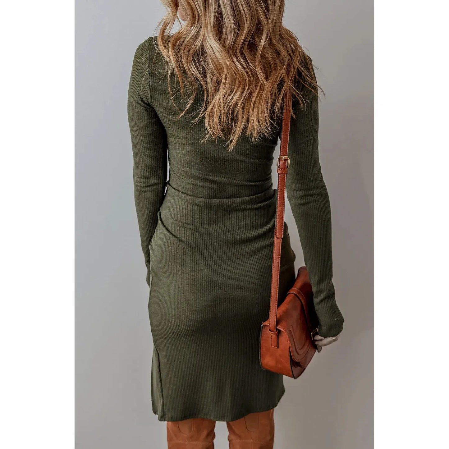 Slit Round Neck Long Sleeve Mini Dress