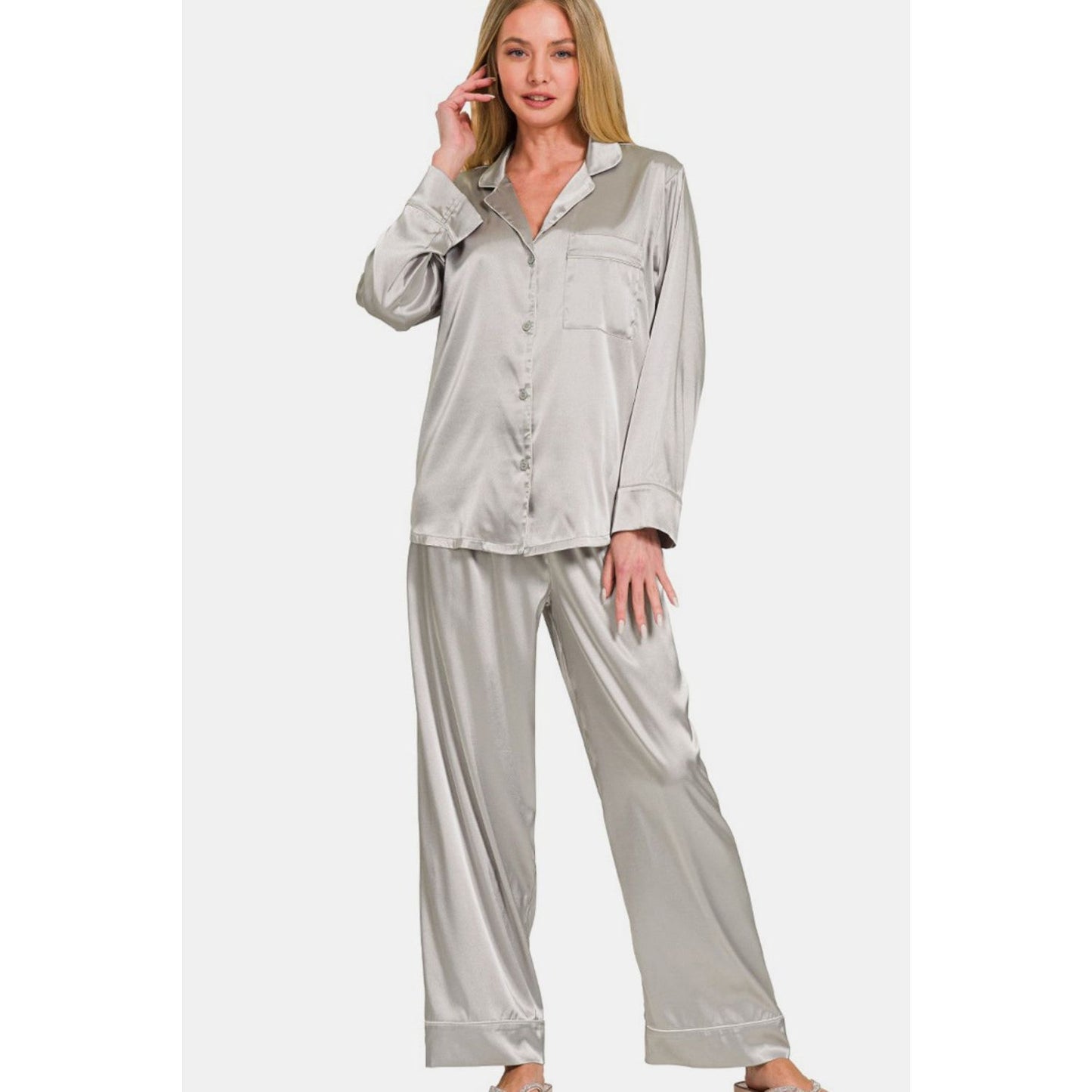 Zenana Satin Long Sleeve Shirt and Pants Pajama Set