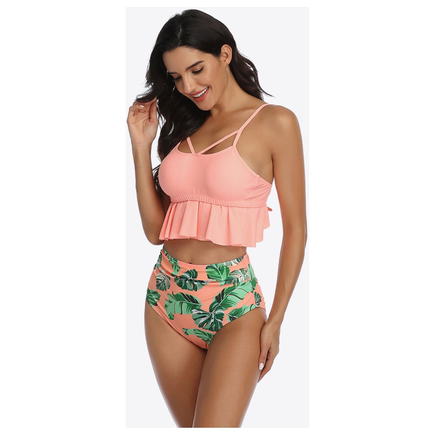 Tropical Print Ruffled Two-Piece Swimsuit