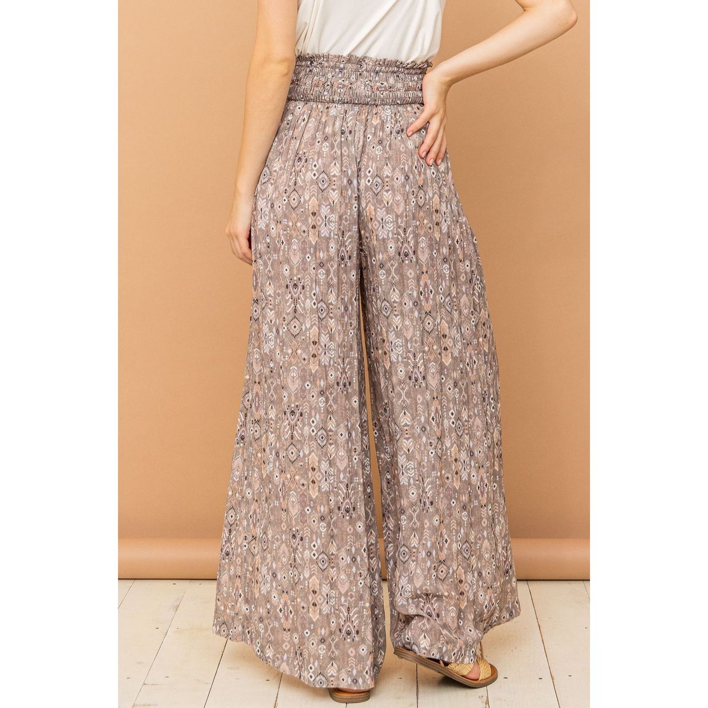 And The Why Printed Smocked Waist Slit Wide Leg Pants