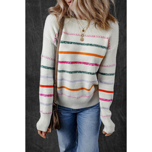 Striped Round Neck Dropped Shoulder Sweater