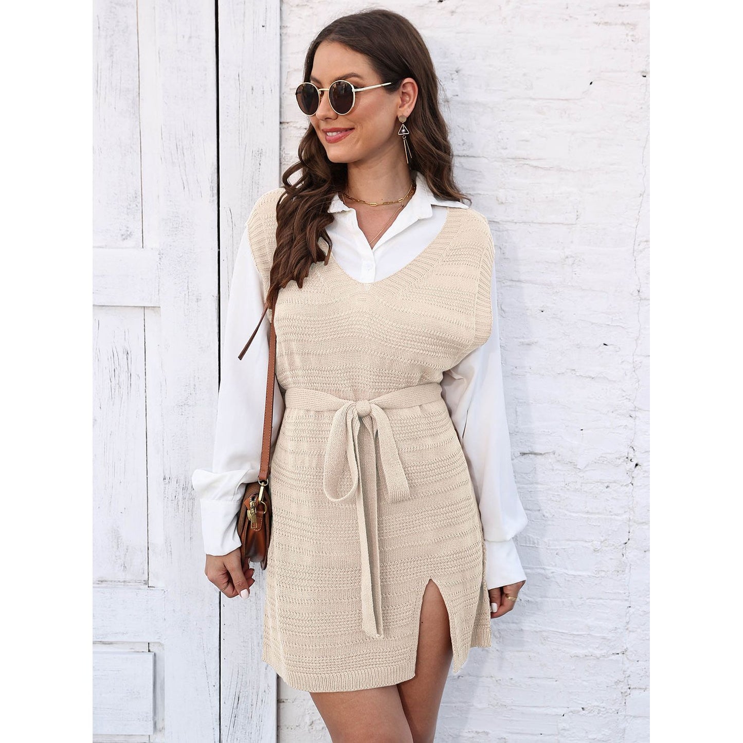 Tie Front V-Neck Sleeveless Slit Sweater Dress