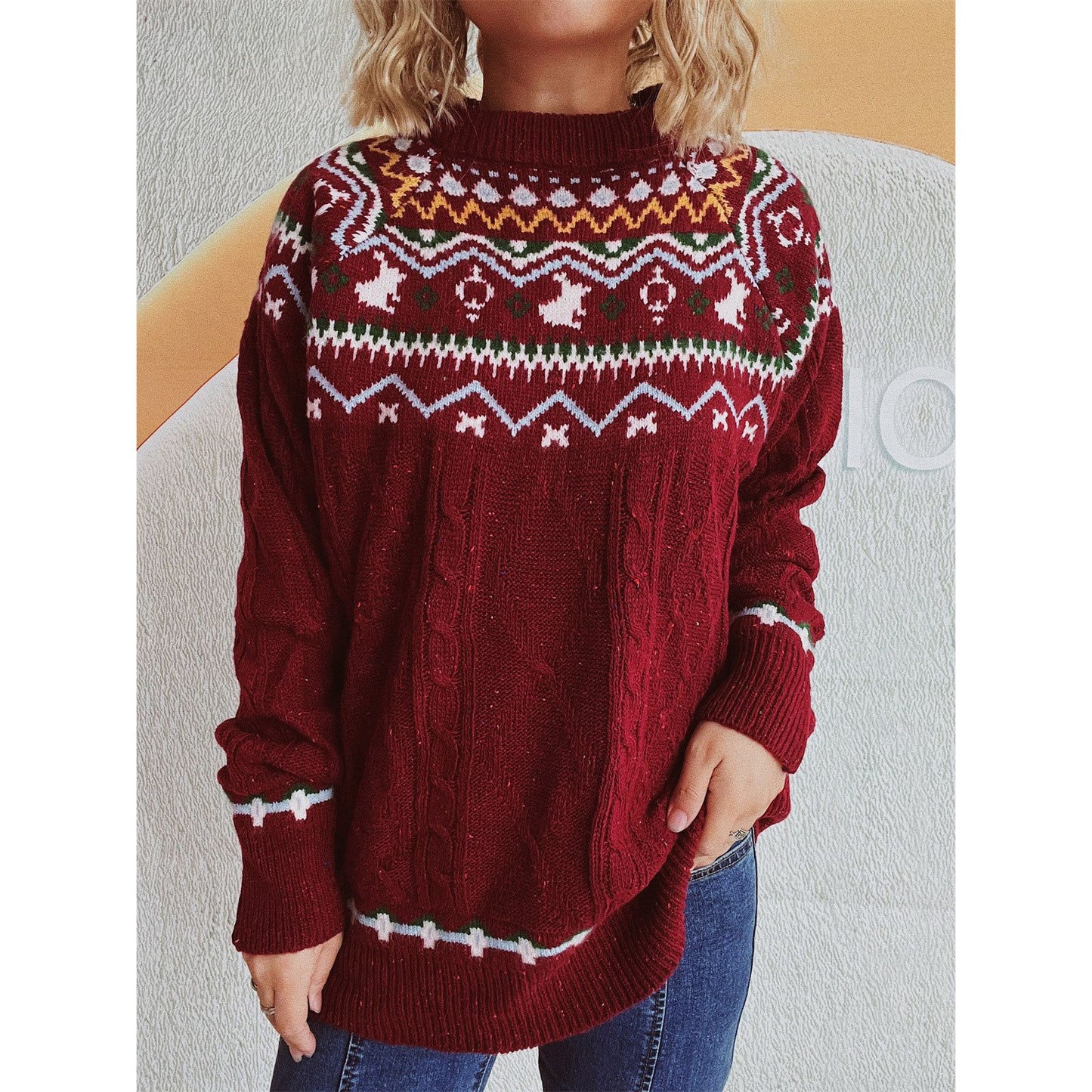 Cable-Knit Mock Neck Long Sleeve Sweater