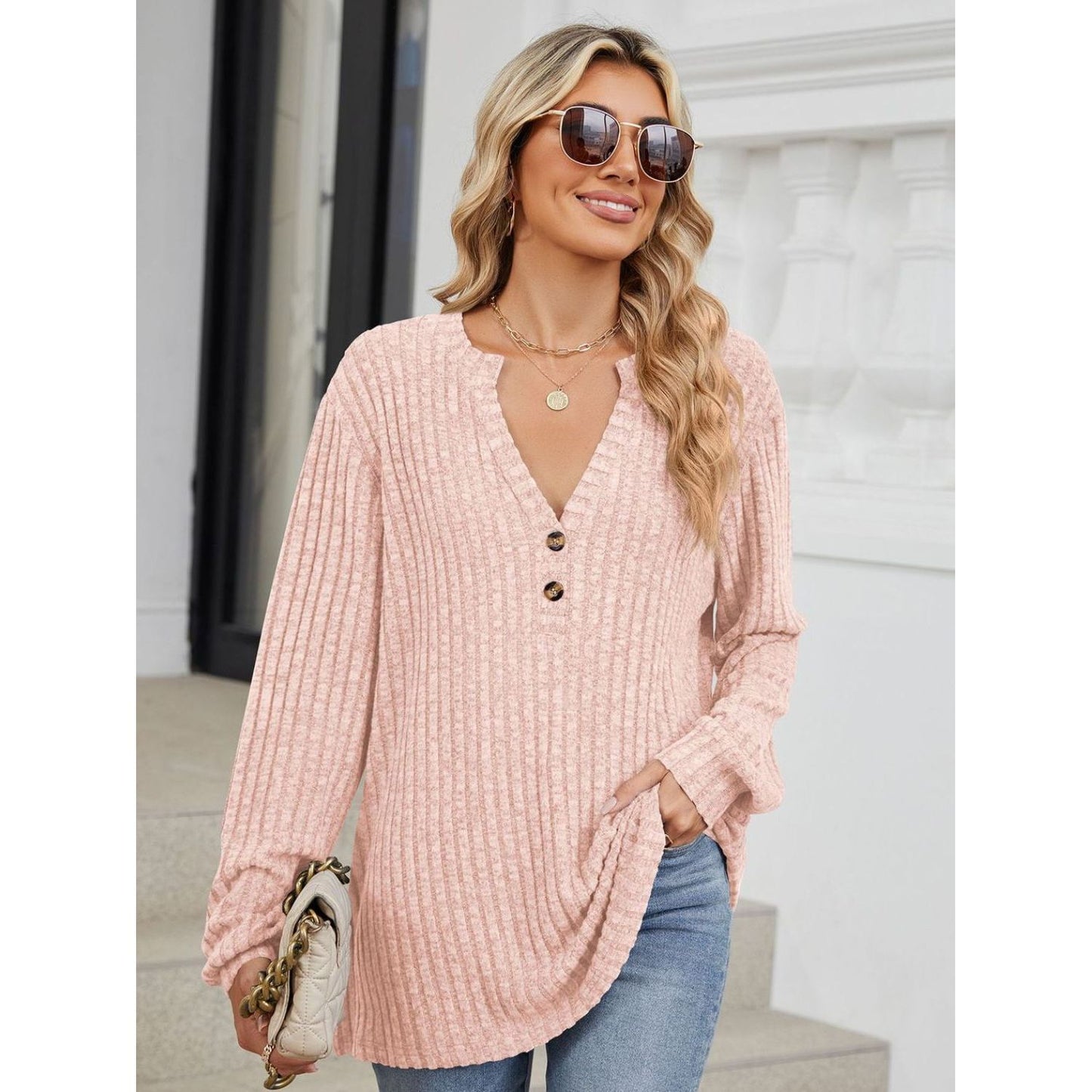 Ribbed Notched Long Sleeve T-Shirt