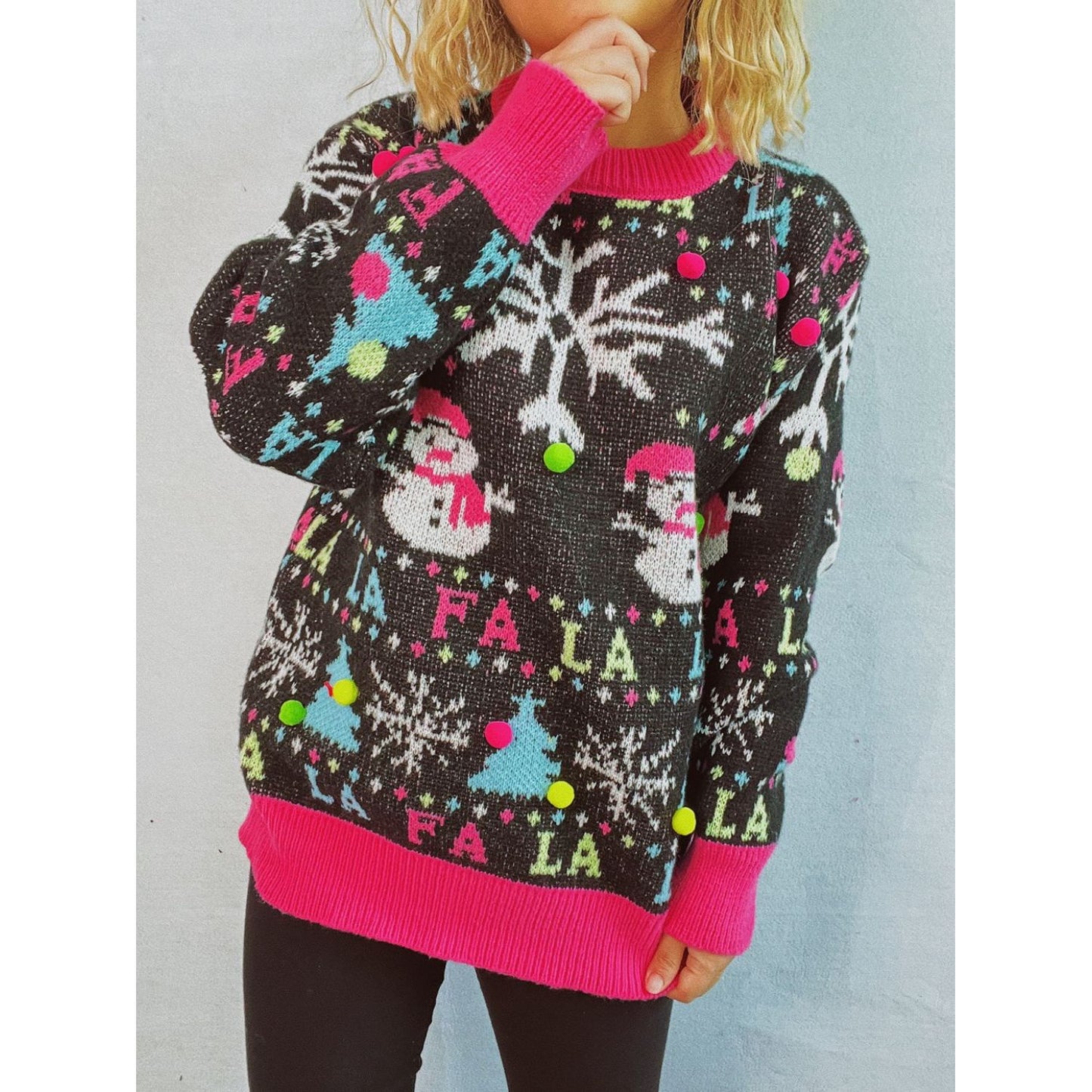 Snowman Contrast Trim Round Neck Sweater