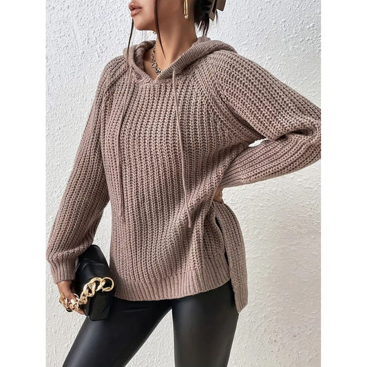 High-Low Side Slit Drawstring Long Sleeve Hooded Sweater