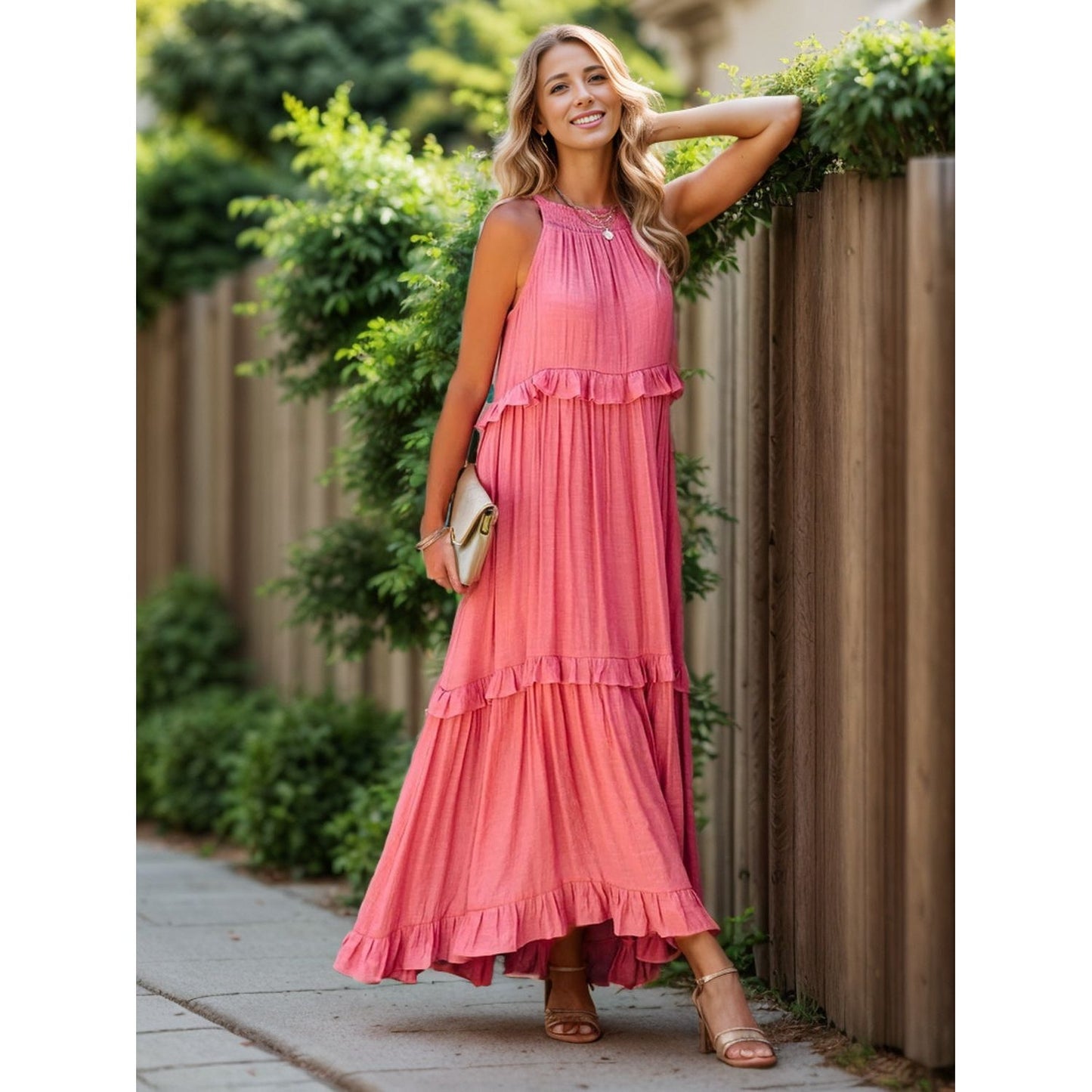 Ruffled Sleeveless Tiered Maxi Dress with Pockets