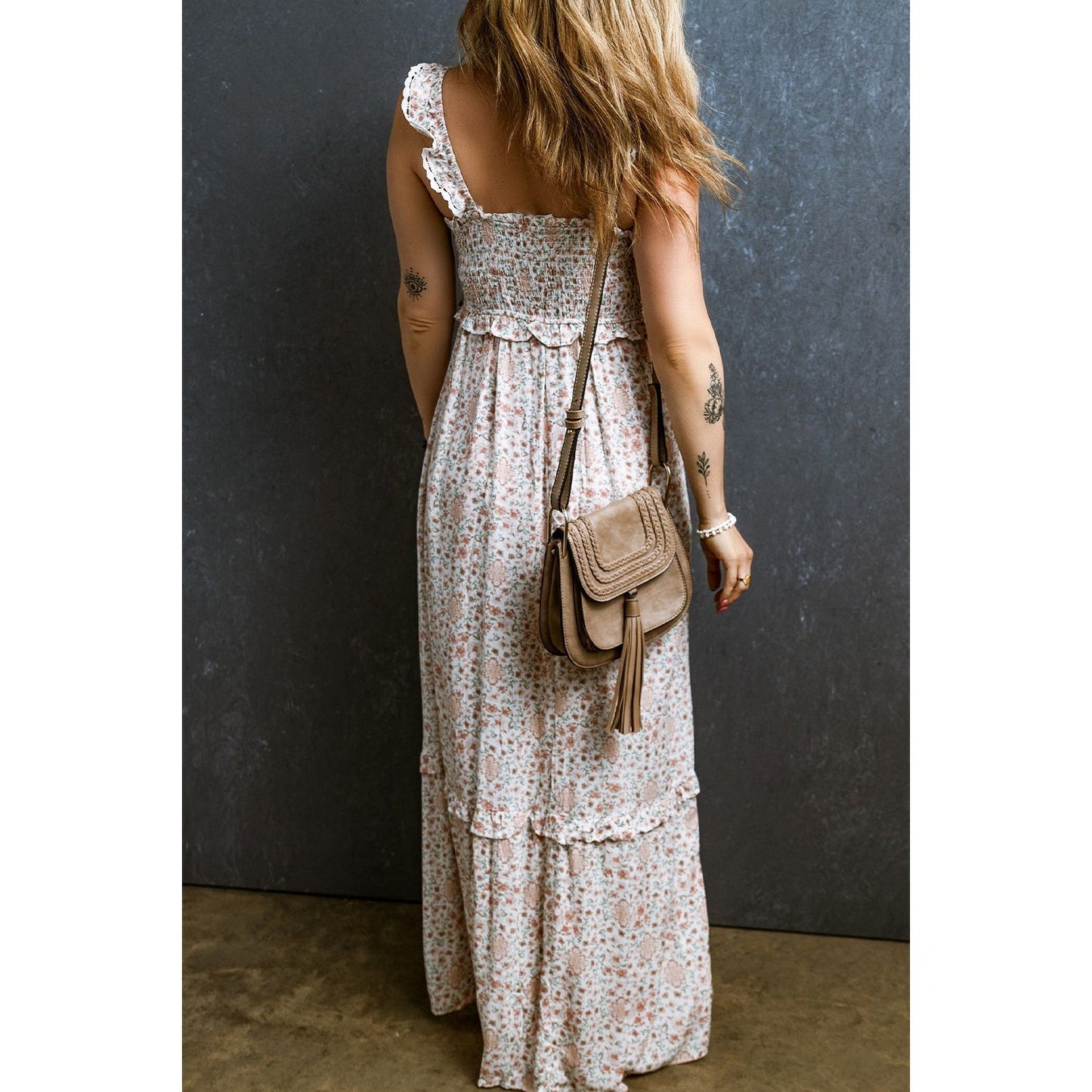 Ruffled Smocked Printed Sleeveless Maxi Dress